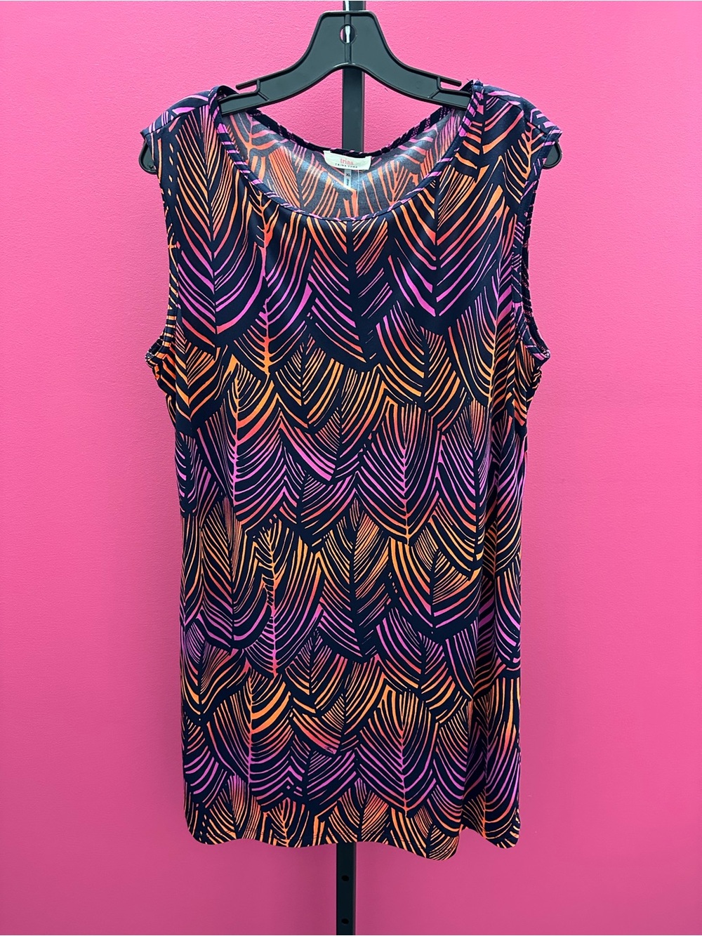 Trina Turk Black Sleeveless Dress w/Pink & Orange 🩷🧡 Palm 🌴 Leaf Print